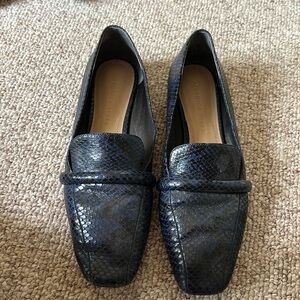 Veronica Beard Navy Snake-Embossed Leather Loafers